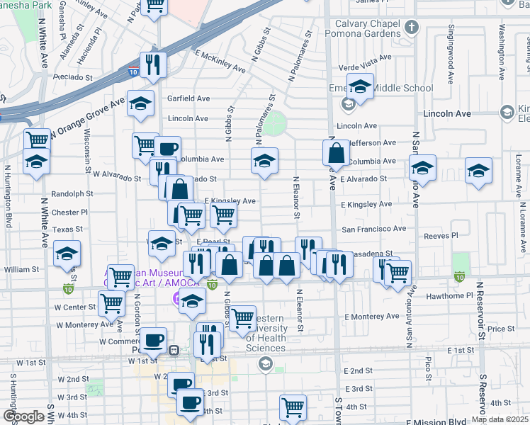 map of restaurants, bars, coffee shops, grocery stores, and more near 404 East Kingsley Avenue in Pomona