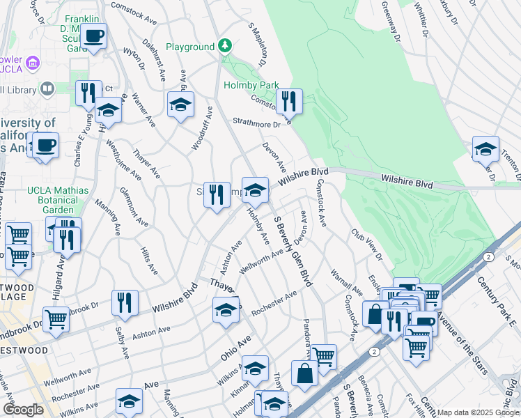 map of restaurants, bars, coffee shops, grocery stores, and more near 10430 Wilshire Boulevard in Los Angeles