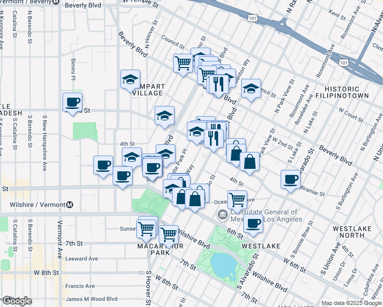 map of restaurants, bars, coffee shops, grocery stores, and more near 340 South La Fayette Park Place in Los Angeles