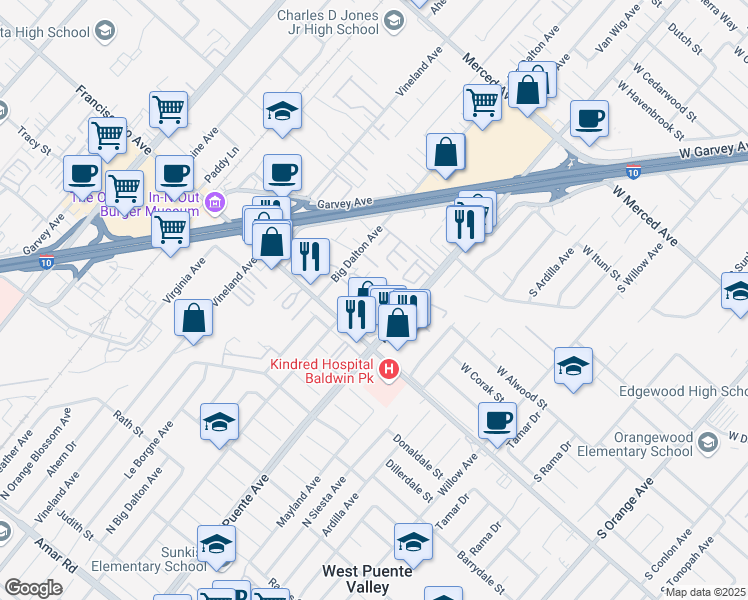 map of restaurants, bars, coffee shops, grocery stores, and more near 1661 Puente Avenue in Baldwin Park