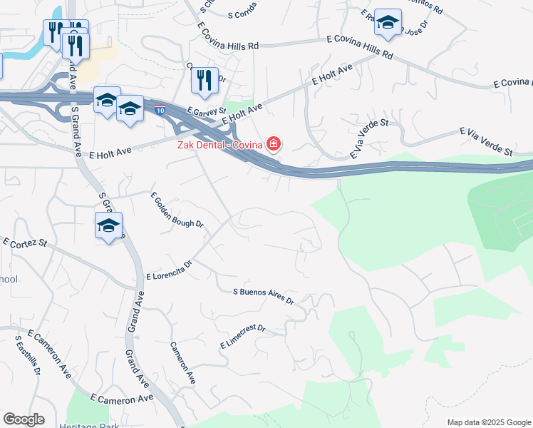map of restaurants, bars, coffee shops, grocery stores, and more near 20050 East Lorencita Drive in Covina