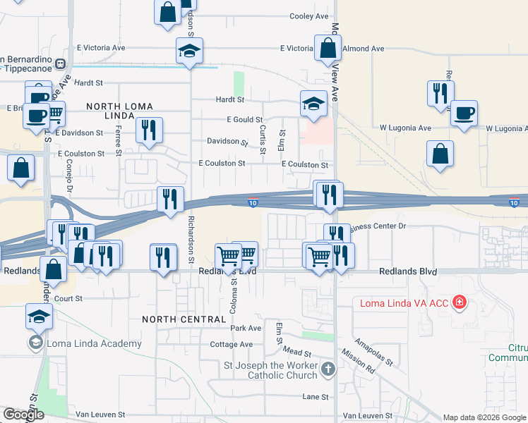 map of restaurants, bars, coffee shops, grocery stores, and more near 25526 Redlands Boulevard in Loma Linda