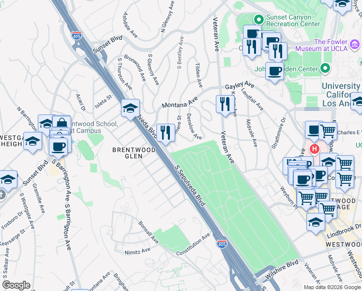 map of restaurants, bars, coffee shops, grocery stores, and more near 528 South Bentley Avenue in Los Angeles