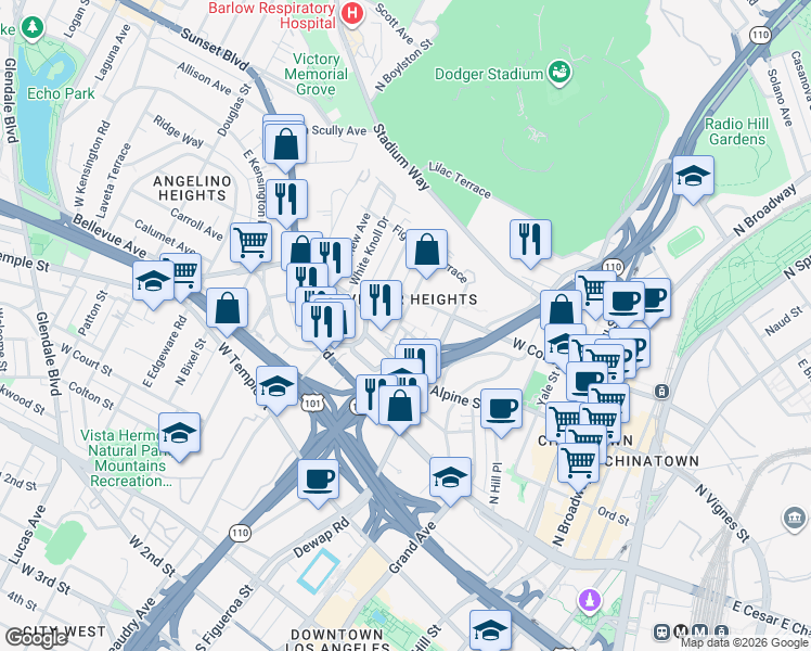 map of restaurants, bars, coffee shops, grocery stores, and more near 851 3/4 Centennial Street in Los Angeles