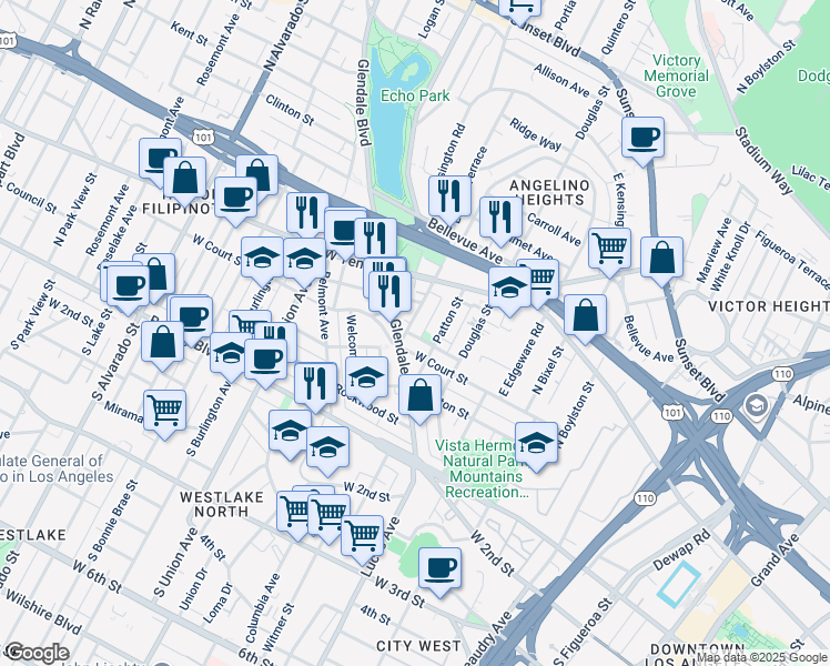 map of restaurants, bars, coffee shops, grocery stores, and more near 318 Laveta Terrace in Los Angeles