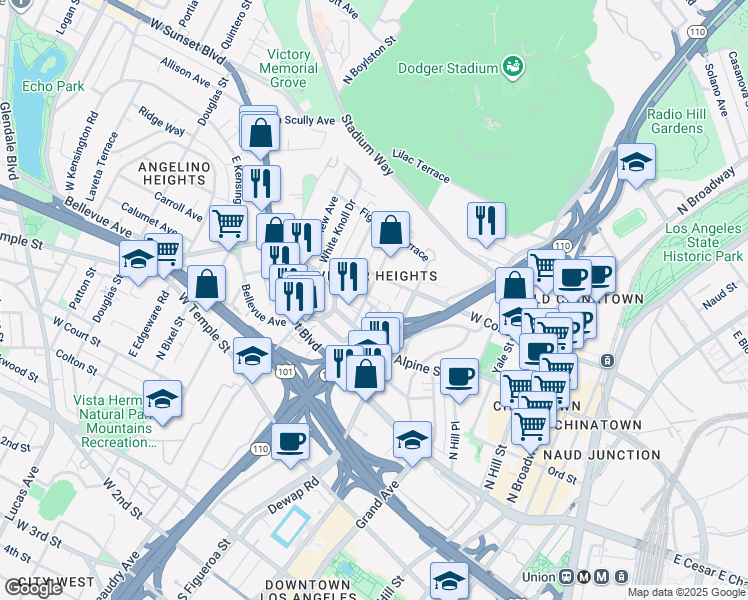 map of restaurants, bars, coffee shops, grocery stores, and more near 933 New Depot Street in Los Angeles