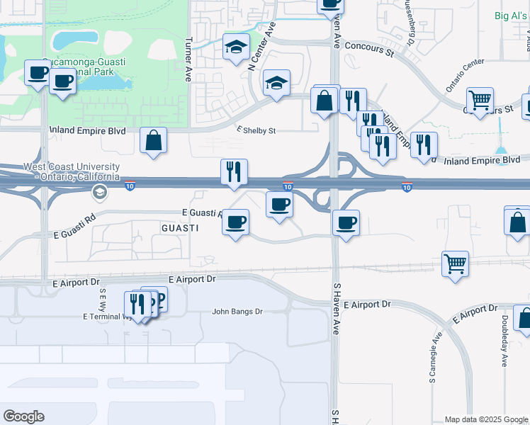 map of restaurants, bars, coffee shops, grocery stores, and more near 3257 East Guasti Road in Ontario