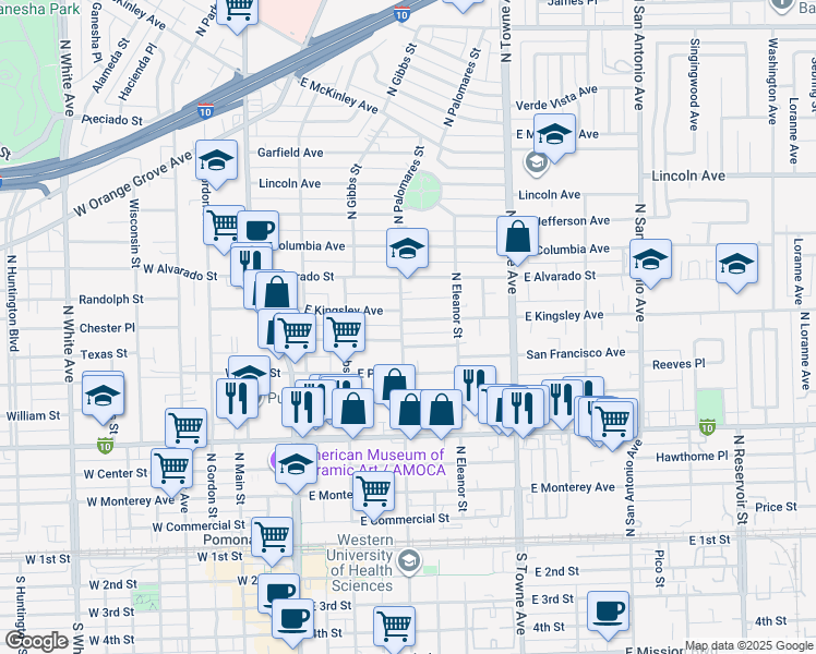 map of restaurants, bars, coffee shops, grocery stores, and more near 404 East Kingsley Avenue in Pomona