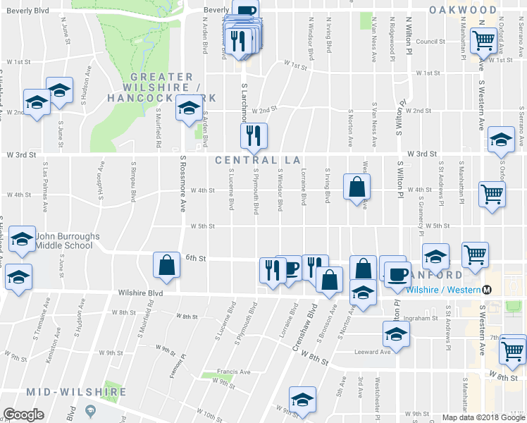 map of restaurants, bars, coffee shops, grocery stores, and more near 436 South Plymouth Boulevard in Los Angeles