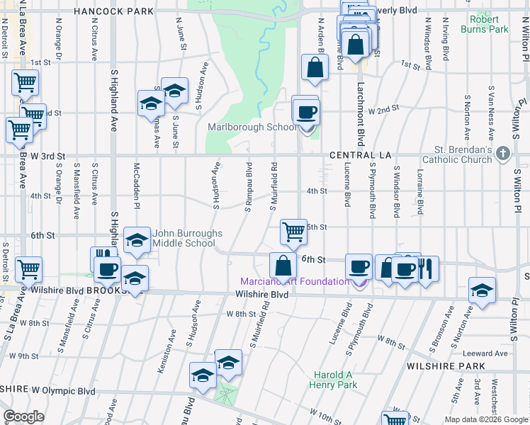 map of restaurants, bars, coffee shops, grocery stores, and more near 401 South Muirfield Road in Los Angeles