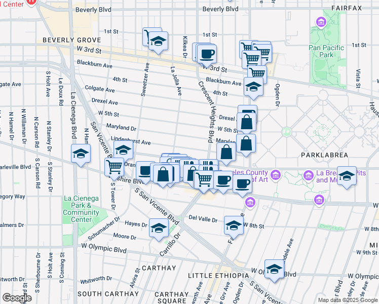 map of restaurants, bars, coffee shops, grocery stores, and more near 6347 Lindenhurst Avenue in Los Angeles