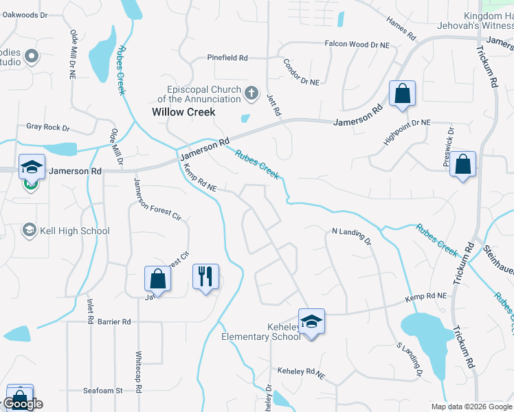 map of restaurants, bars, coffee shops, grocery stores, and more near 1831 Blackwater Drive Northeast in Marietta