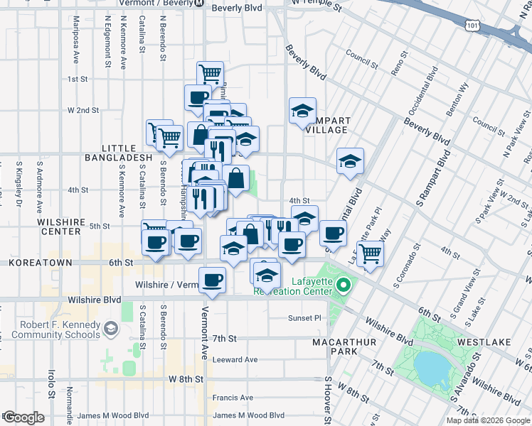 map of restaurants, bars, coffee shops, grocery stores, and more near 400 South Westmoreland Avenue in Los Angeles