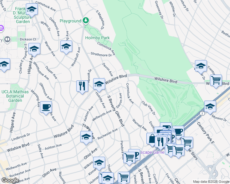 map of restaurants, bars, coffee shops, grocery stores, and more near 10366 Ashton Avenue in Los Angeles