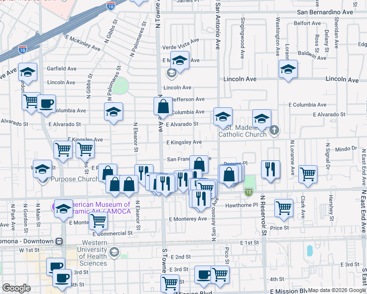 map of restaurants, bars, coffee shops, grocery stores, and more near 676 East Kingsley Avenue in Pomona
