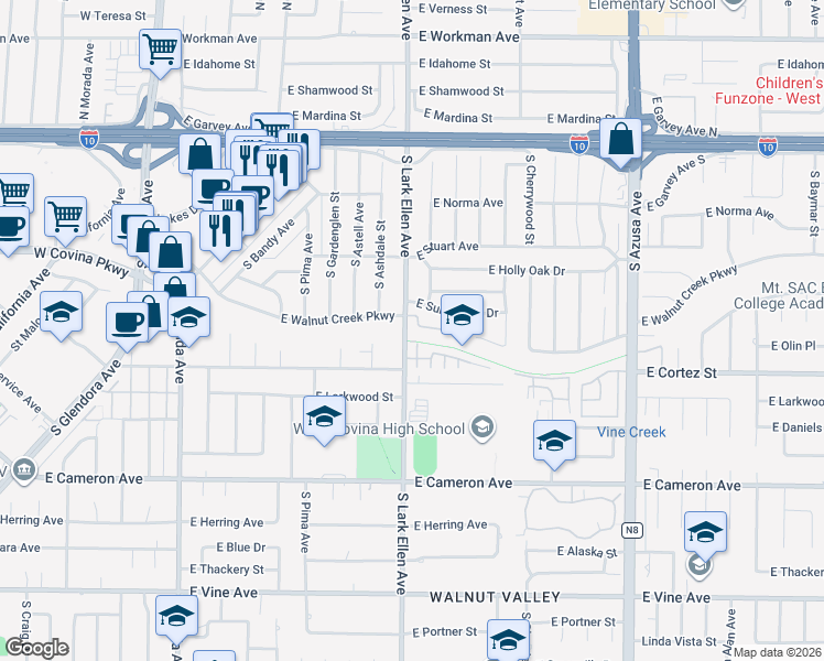 map of restaurants, bars, coffee shops, grocery stores, and more near 428 South Lark Ellen Avenue in West Covina
