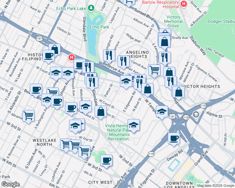 map of restaurants, bars, coffee shops, grocery stores, and more near 1359 Cortez Street in Los Angeles