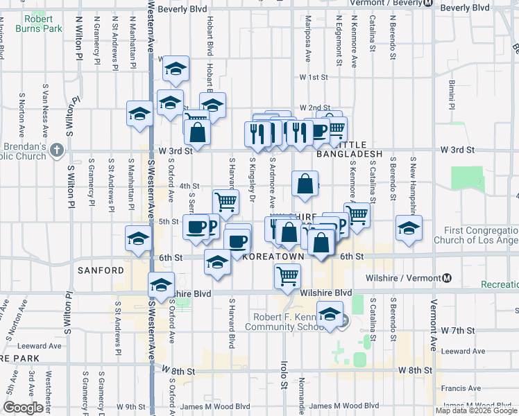 map of restaurants, bars, coffee shops, grocery stores, and more near 401 South Ardmore Avenue in Los Angeles