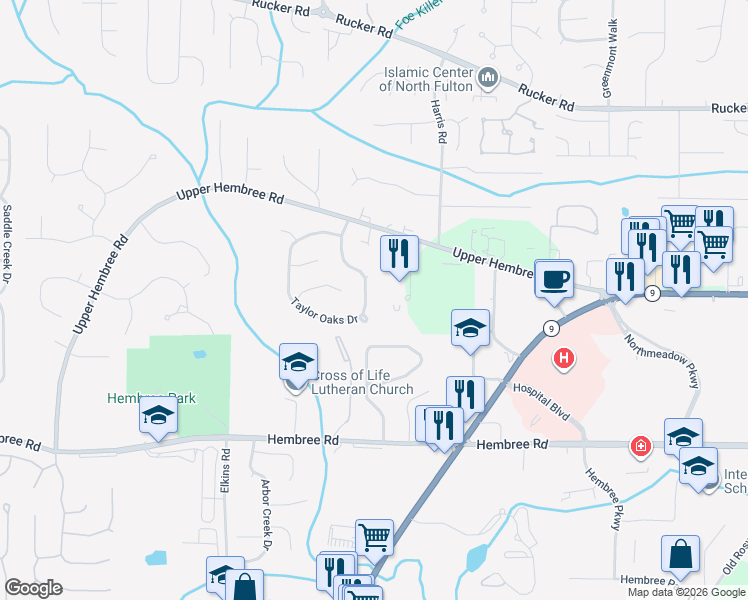 map of restaurants, bars, coffee shops, grocery stores, and more near 1090 Taylor Oaks Drive in Roswell