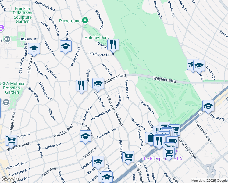 map of restaurants, bars, coffee shops, grocery stores, and more near 10366 Ashton Avenue in Los Angeles