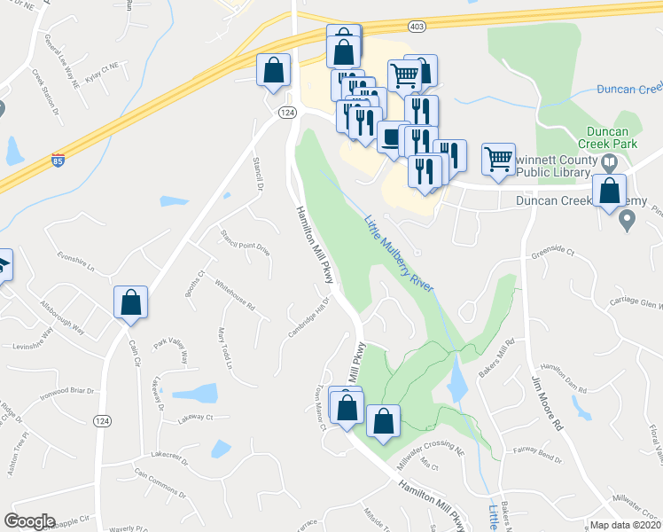 map of restaurants, bars, coffee shops, grocery stores, and more near 2277 Hamilton Mill Parkway in Dacula