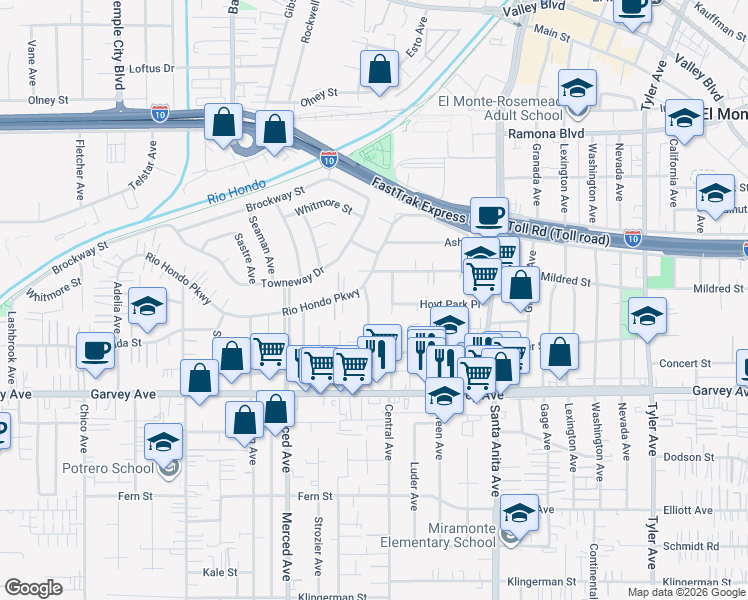 map of restaurants, bars, coffee shops, grocery stores, and more near 3172 Havenpark Avenue in El Monte