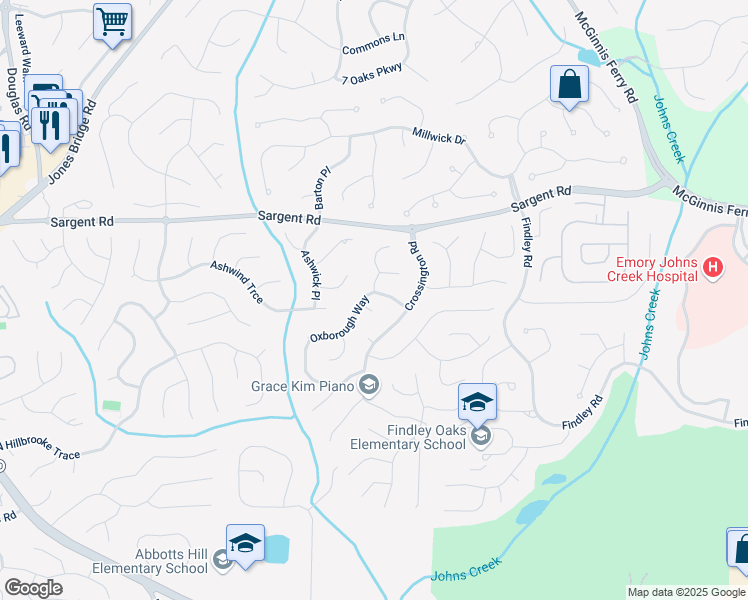 map of restaurants, bars, coffee shops, grocery stores, and more near 5765 Oxborough Way in Alpharetta