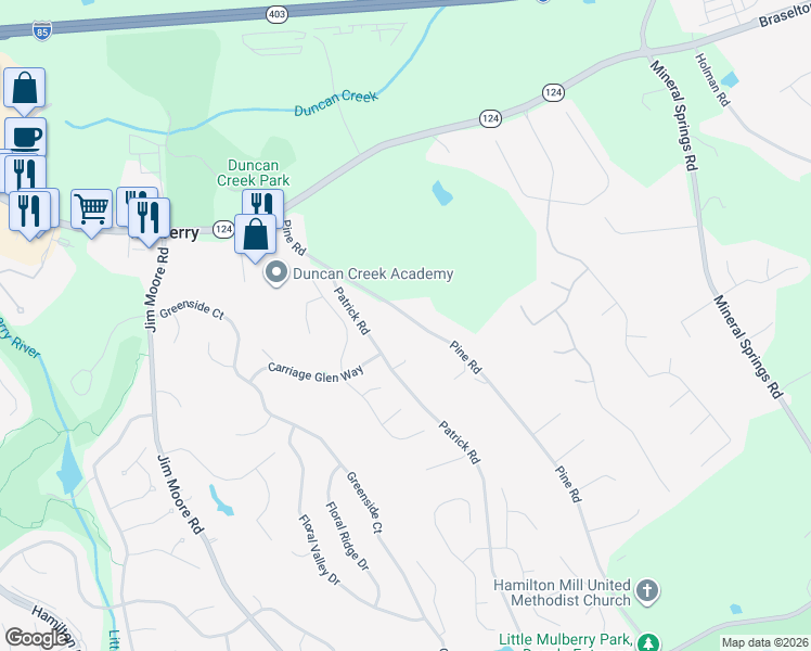 map of restaurants, bars, coffee shops, grocery stores, and more near 1965 Pine Road in Dacula