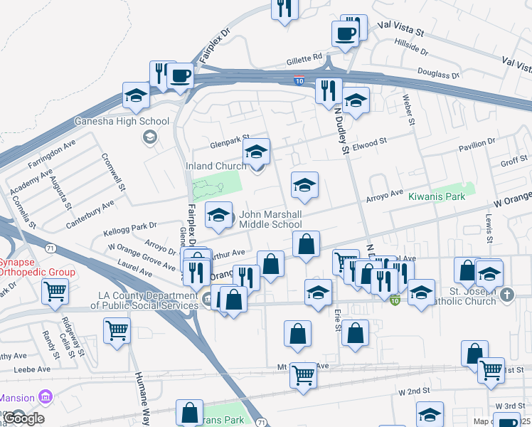 map of restaurants, bars, coffee shops, grocery stores, and more near 1734 Pavilion Drive in Pomona