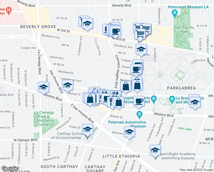 map of restaurants, bars, coffee shops, grocery stores, and more near 6336 Lindenhurst Avenue in Los Angeles