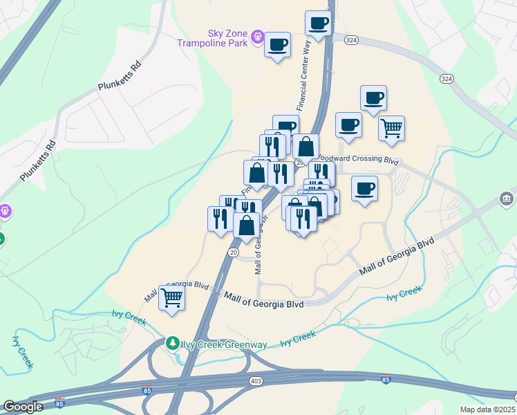 map of restaurants, bars, coffee shops, grocery stores, and more near 3250 Buford Drive Northeast in Buford