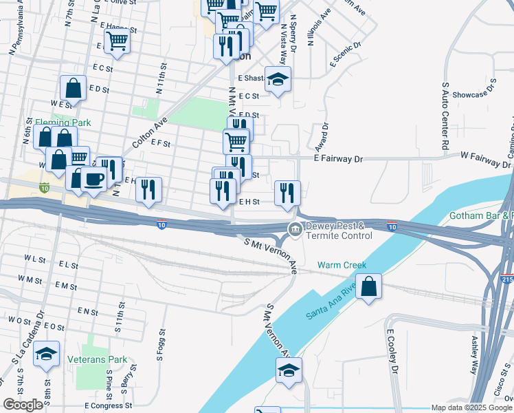 map of restaurants, bars, coffee shops, grocery stores, and more near 841 East H Street in Colton