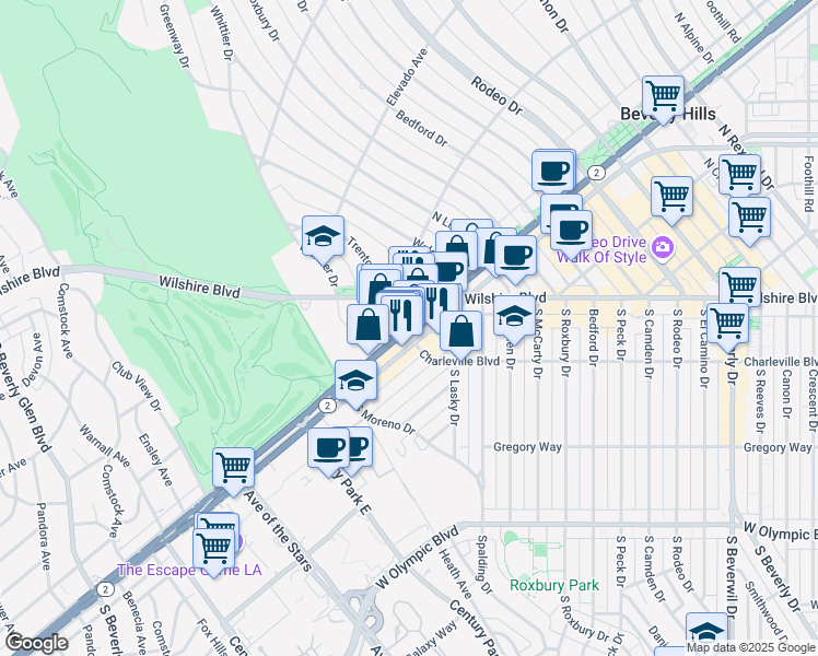 map of restaurants, bars, coffee shops, grocery stores, and more near 9900 South Santa Monica Boulevard in Beverly Hills