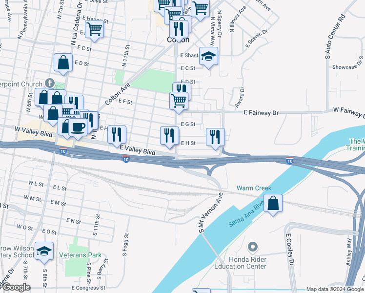 map of restaurants, bars, coffee shops, grocery stores, and more near in Colton