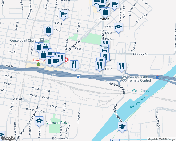 map of restaurants, bars, coffee shops, grocery stores, and more near 595 East Valley Boulevard in Colton