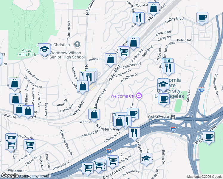 map of restaurants, bars, coffee shops, grocery stores, and more near 4907 O Sullivan Drive in Los Angeles