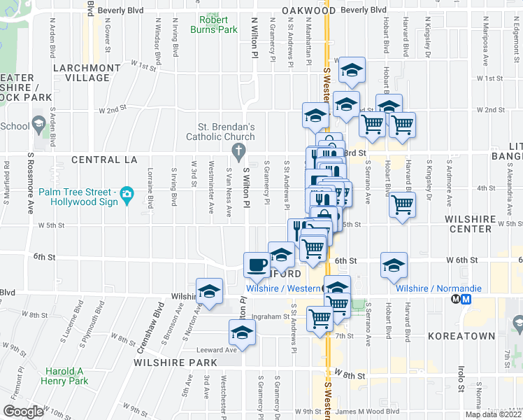 map of restaurants, bars, coffee shops, grocery stores, and more near 420 South Gramercy Place in Los Angeles
