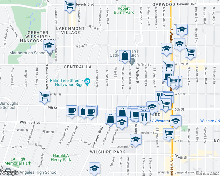map of restaurants, bars, coffee shops, grocery stores, and more near 434 South Irving Boulevard in Los Angeles
