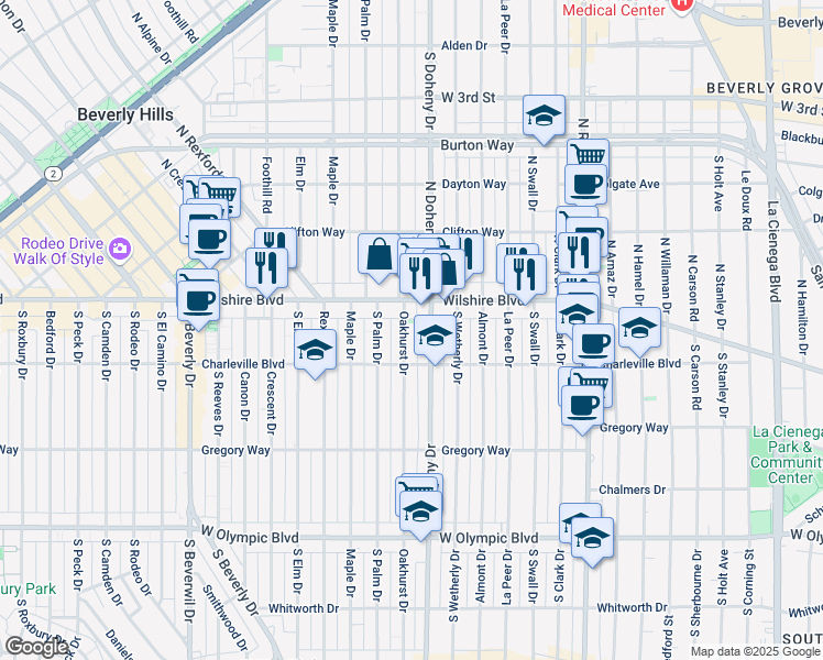 map of restaurants, bars, coffee shops, grocery stores, and more near 64 South Oakhurst Drive in Beverly Hills