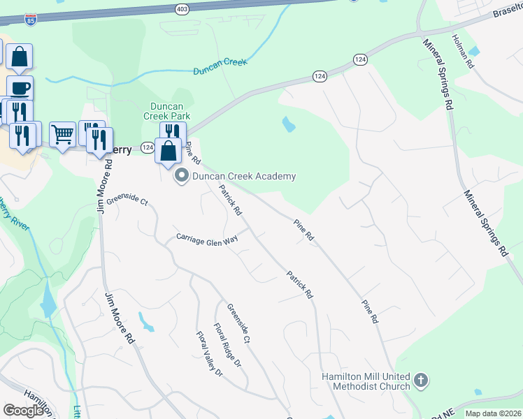 map of restaurants, bars, coffee shops, grocery stores, and more near 1965 Pine Road in Dacula