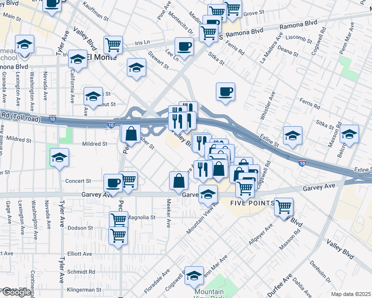 map of restaurants, bars, coffee shops, grocery stores, and more near 11654 Valley Boulevard in El Monte