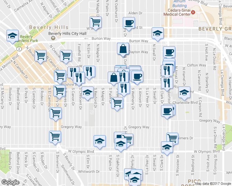 map of restaurants, bars, coffee shops, grocery stores, and more near 129 South Oakhurst Drive in Beverly Hills