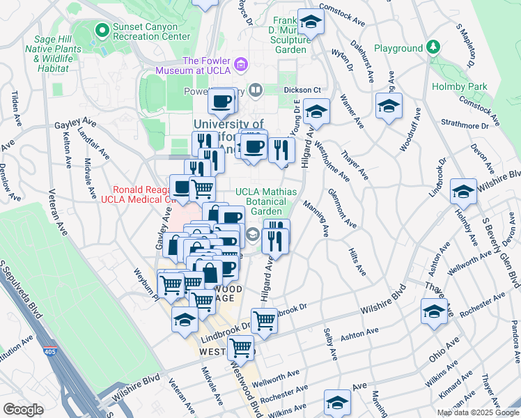 map of restaurants, bars, coffee shops, grocery stores, and more near 714 Tiverton Drive in Los Angeles