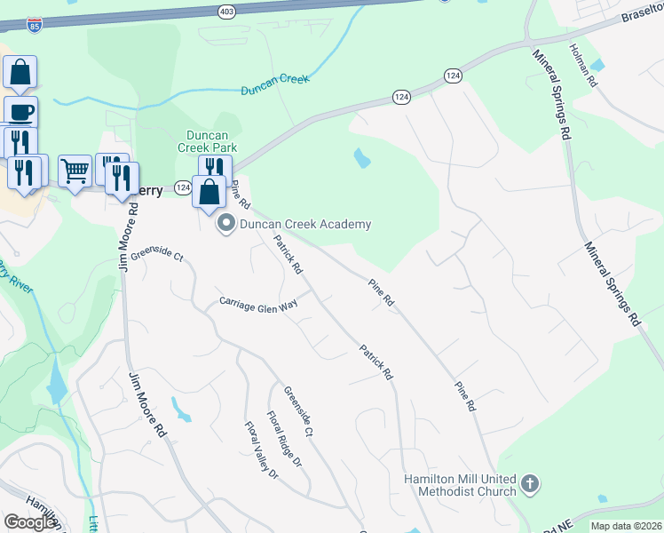 map of restaurants, bars, coffee shops, grocery stores, and more near 1965 Pine Road in Dacula