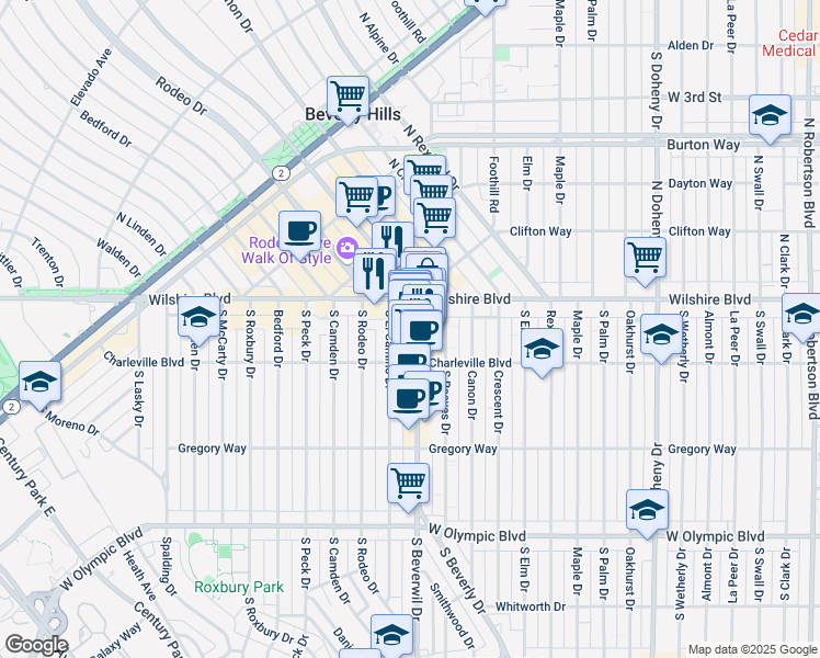 map of restaurants, bars, coffee shops, grocery stores, and more near 94a South Beverly Drive in Beverly Hills