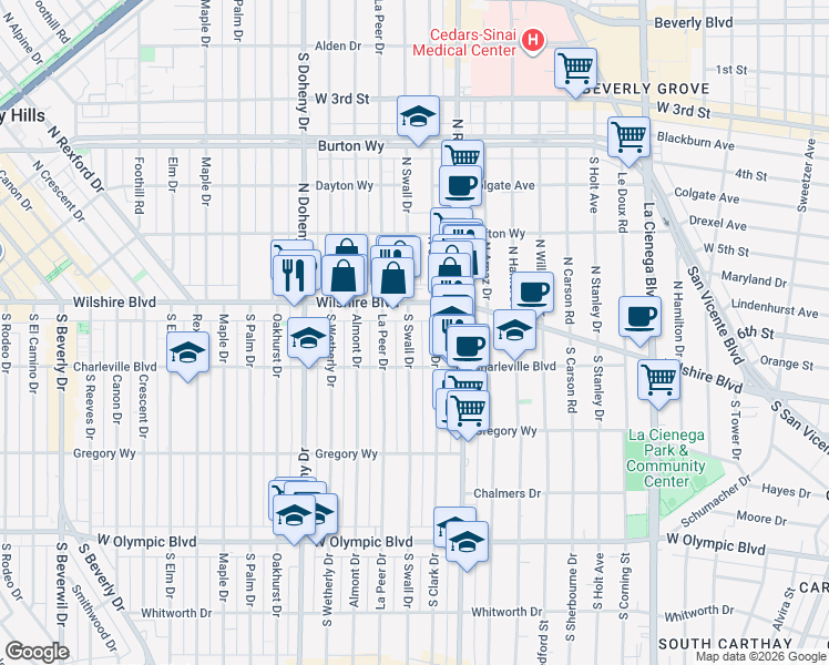 map of restaurants, bars, coffee shops, grocery stores, and more near in Beverly Hills