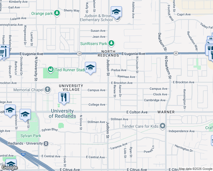 map of restaurants, bars, coffee shops, grocery stores, and more near 1403 East Brockton Avenue in Redlands