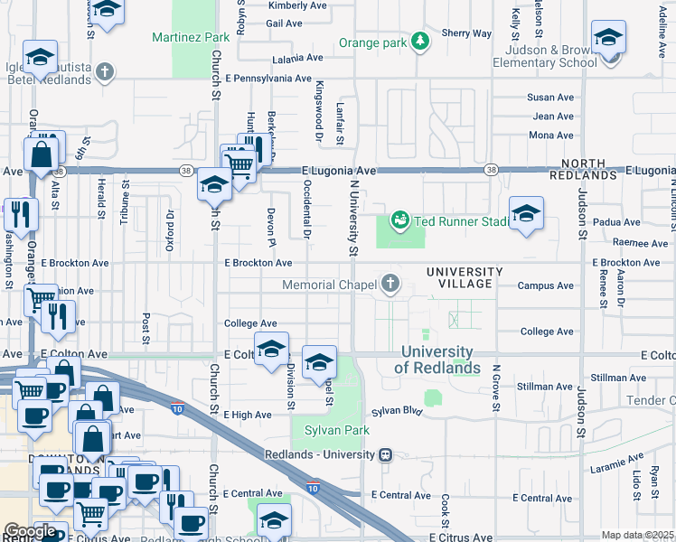 map of restaurants, bars, coffee shops, grocery stores, and more near 1030 East Brockton Avenue in Redlands