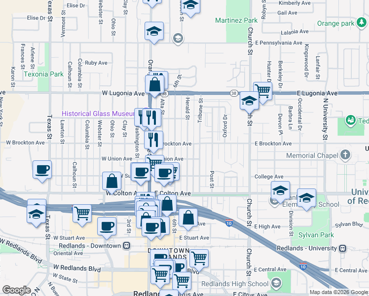 map of restaurants, bars, coffee shops, grocery stores, and more near 1102 6th Street in Redlands