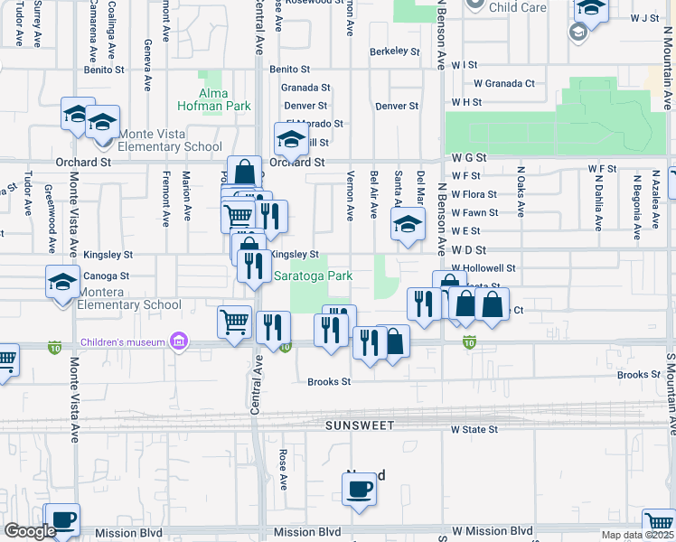 map of restaurants, bars, coffee shops, grocery stores, and more near 10320 Vernon Avenue in Montclair